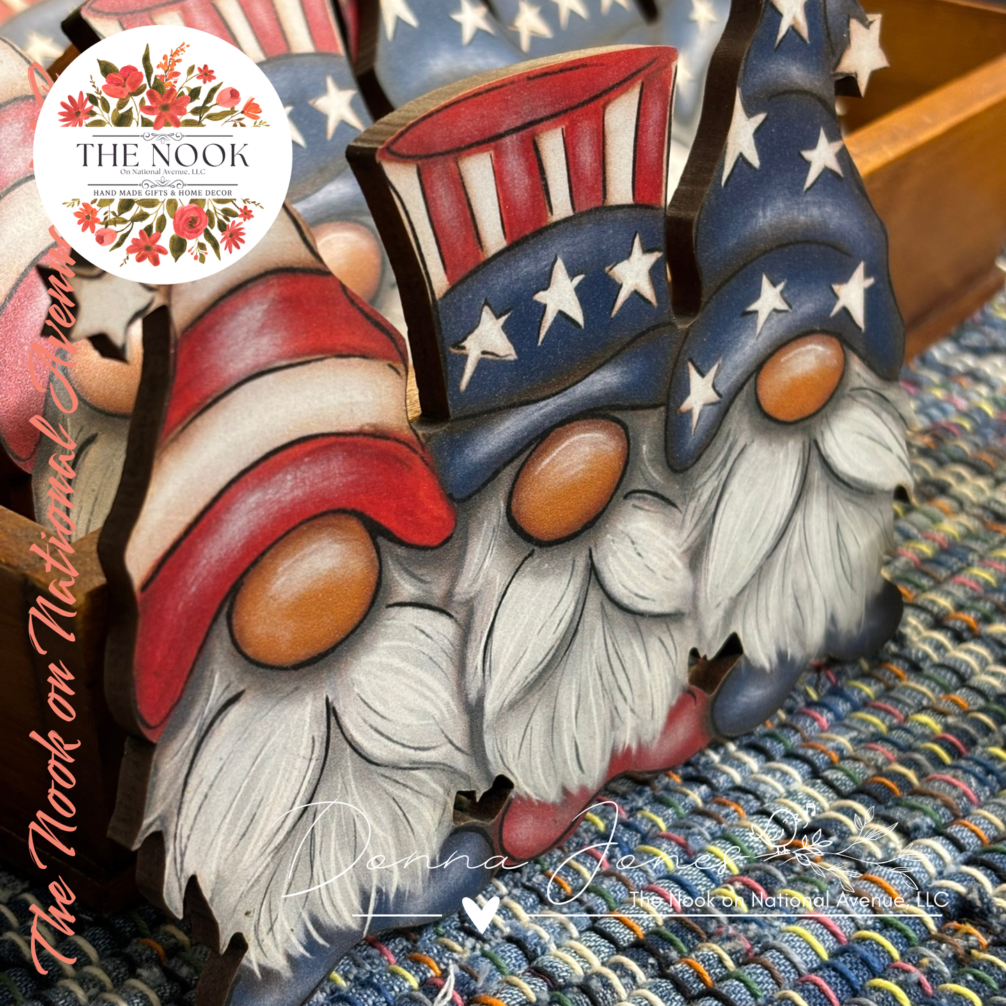 Patriotic Gnome Trio | Wooden Cutout Decor from Original Artwork by Donna Jones