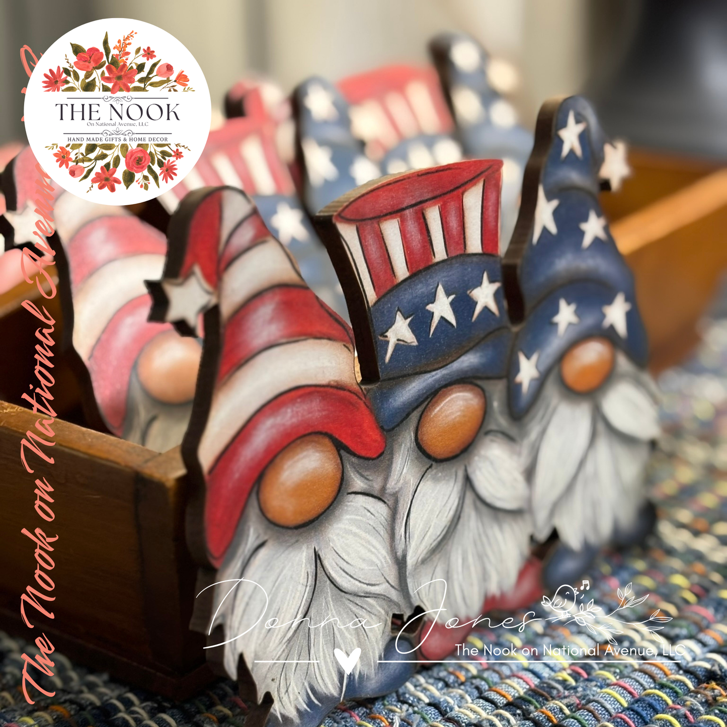 Patriotic Gnome Trio | Wooden Cutout Decor from Original Artwork by Donna Jones