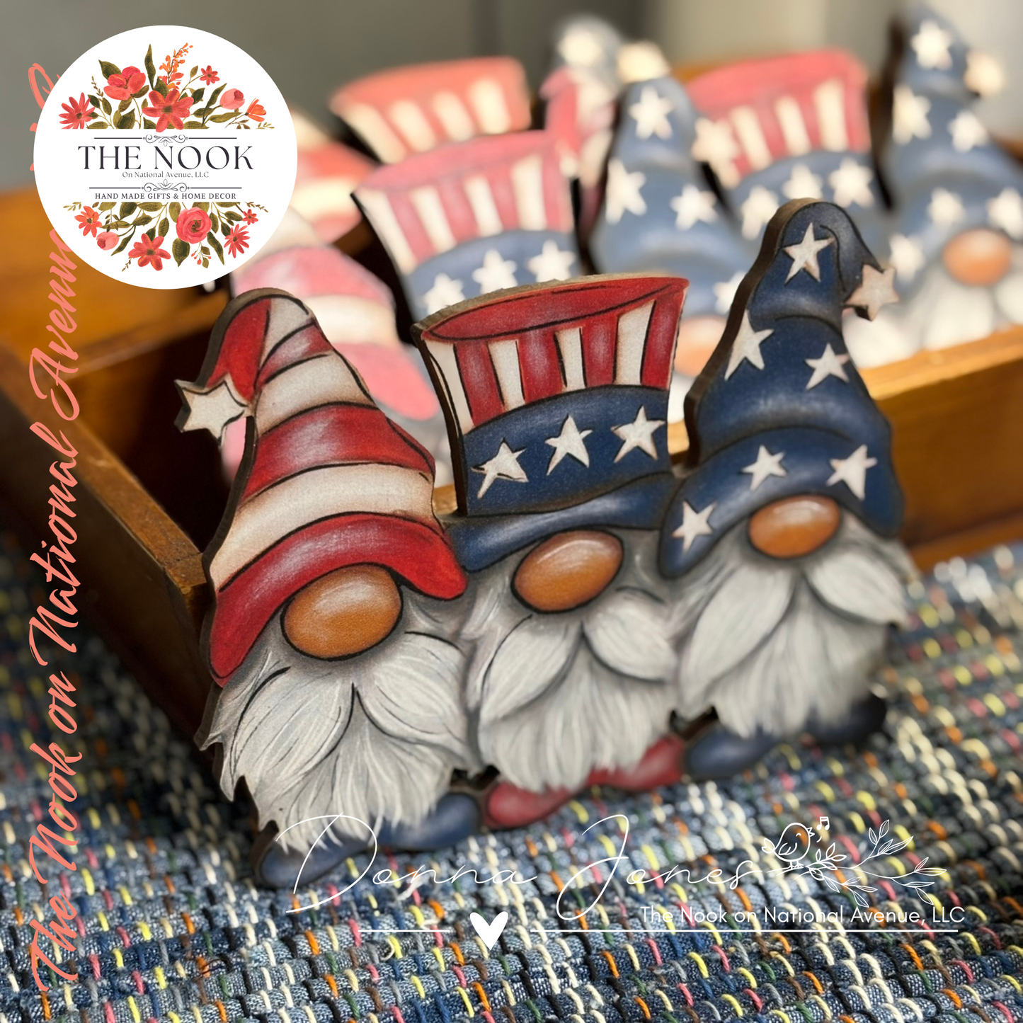 Patriotic Gnome Trio | Wooden Cutout Decor from Original Artwork by Donna Jones