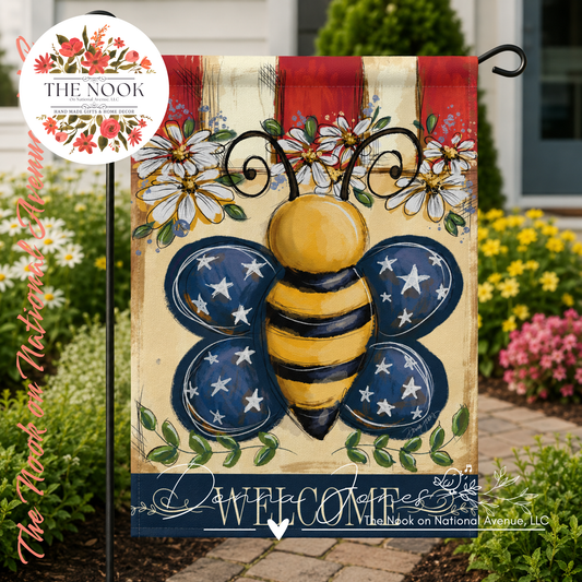 Patriotic Bee Garden Flag – Original Artwork by Donna Jones