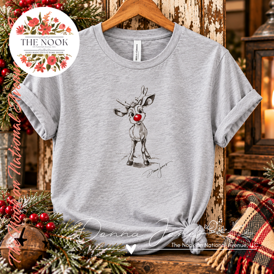 Red Nosed Reindeer T-Shirt | Original Art by Donna Jones