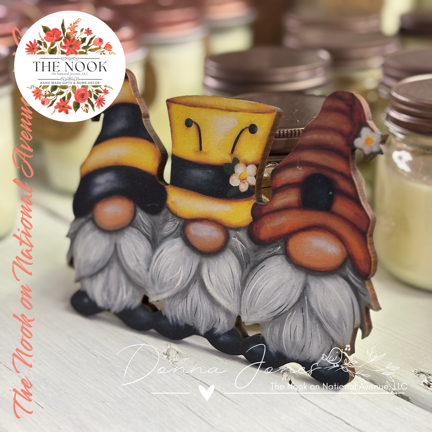 Honeybee Gnome Trio | Wooden Cutout Decor from Original Artwork by Donna Jones