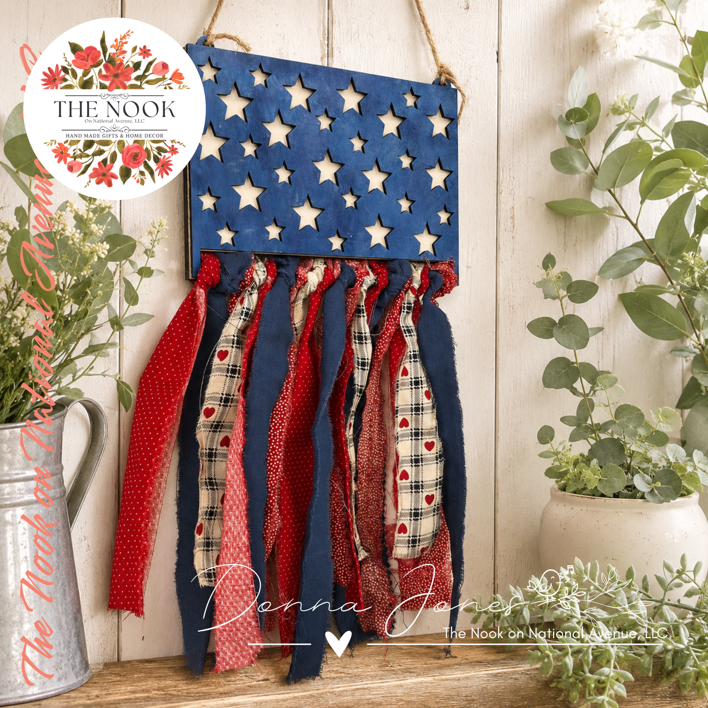 American Flag Door Hanger | Patriotic Stars and Stripes Rag Decor