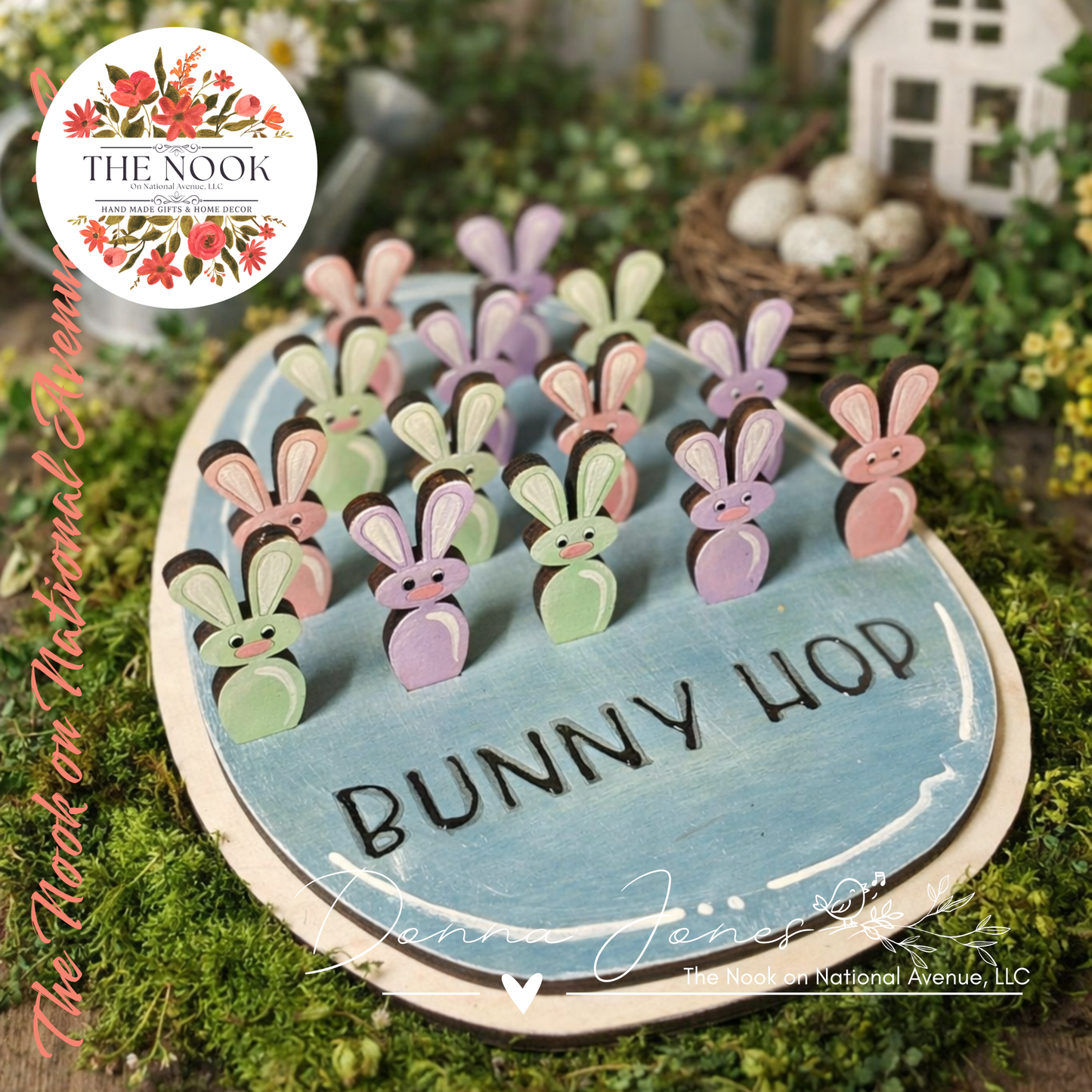 Spring Bunny Hop Game – Handpainted Wooden Bunny Peg Game | Farmhouse Easter Decor