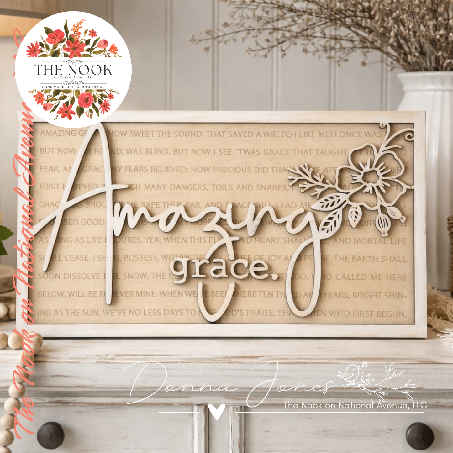 Amazing Grace Wooden Wall Decor – Handpainted Laser Cut Hymn Sign | Farmhouse Neutral Decor