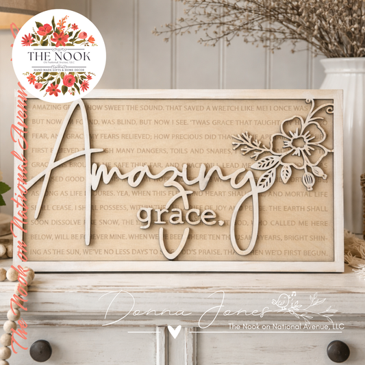 Amazing Grace Wooden Wall Decor – Handpainted Laser Cut Hymn Sign | Farmhouse Neutral Decor
