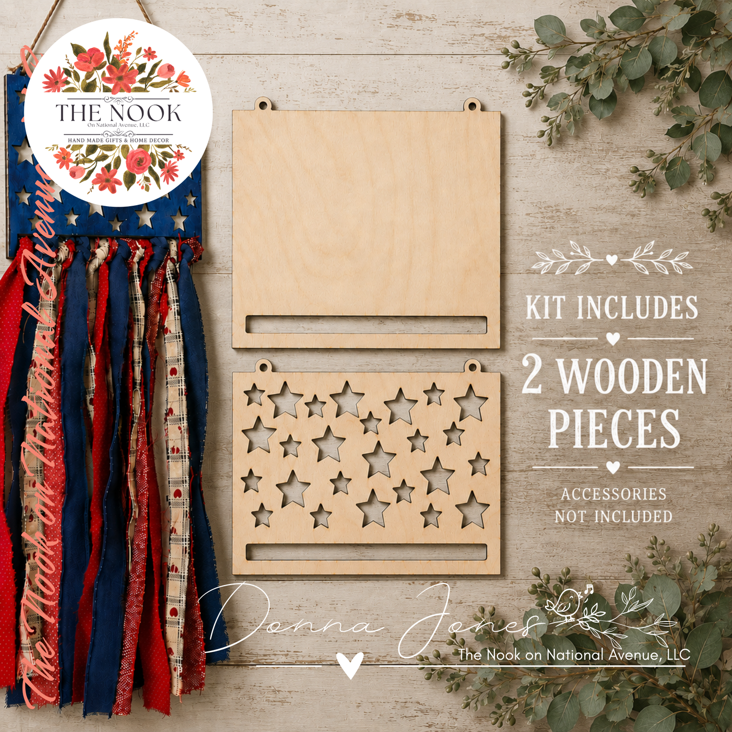 DIY Patriotic Star Spangled Rag Flag Wood Cutout Kit